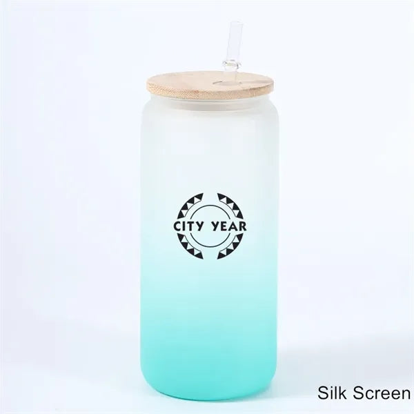 16 oz 25 oz Frosted Gradient Glass Cup with Bamboo Lid