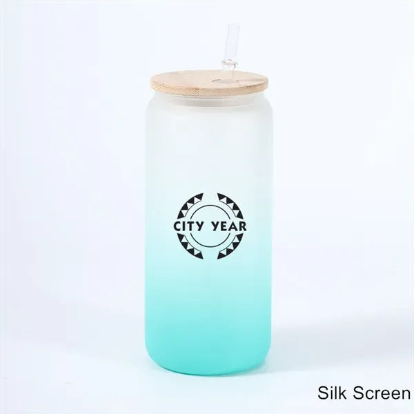 16 oz 25 oz Frosted Gradient Glass Cup with Bamboo Lid