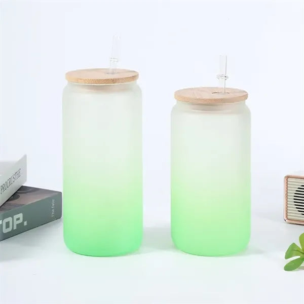16 oz 25 oz Frosted Gradient Glass Cup with Bamboo Lid