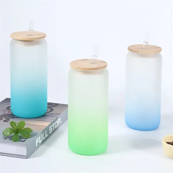 16 oz 25 oz Frosted Gradient Glass Cup with Bamboo Lid