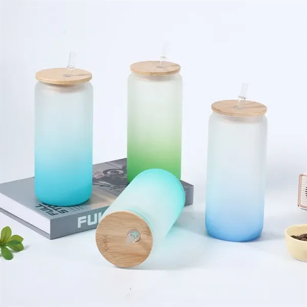 16 oz 25 oz Frosted Gradient Glass Cup with Bamboo Lid