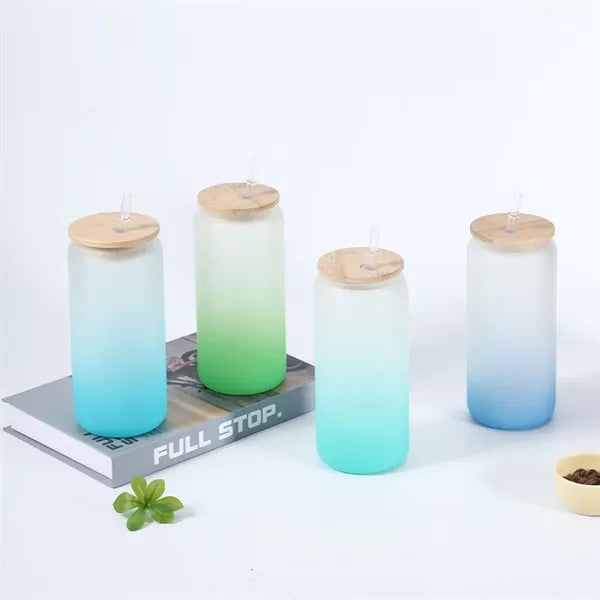 16 oz 25 oz Frosted Gradient Glass Cup with Bamboo Lid