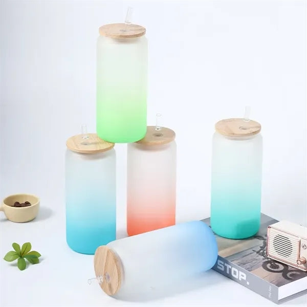 16 oz 25 oz Frosted Gradient Glass Cup with Bamboo Lid