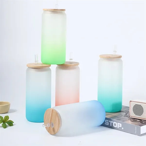 16 oz 25 oz Frosted Gradient Glass Cup with Bamboo Lid