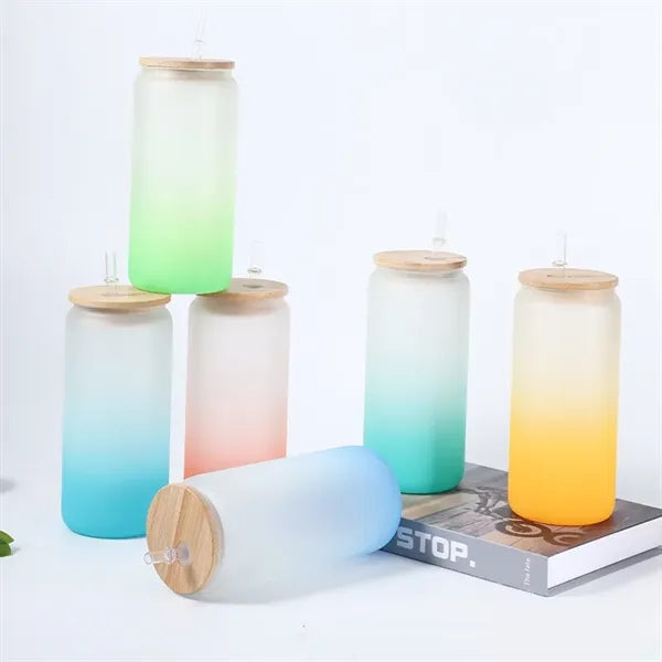 16 oz 25 oz Frosted Gradient Glass Cup with Bamboo Lid