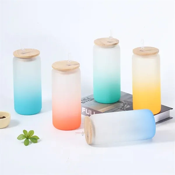 16 oz 25 oz Frosted Gradient Glass Cup with Bamboo Lid
