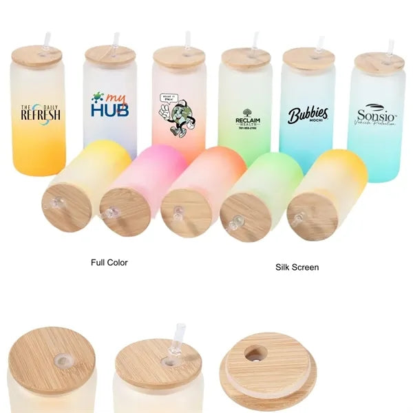 16 oz 25 oz Frosted Gradient Glass Cup with Bamboo Lid