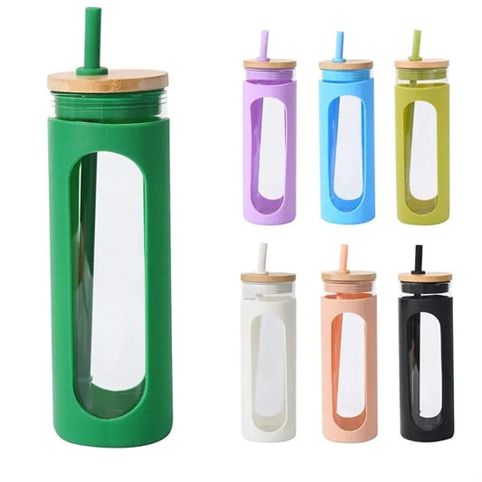 Glass Water Bottle Straw Protective Sleeve Bamboo Lid