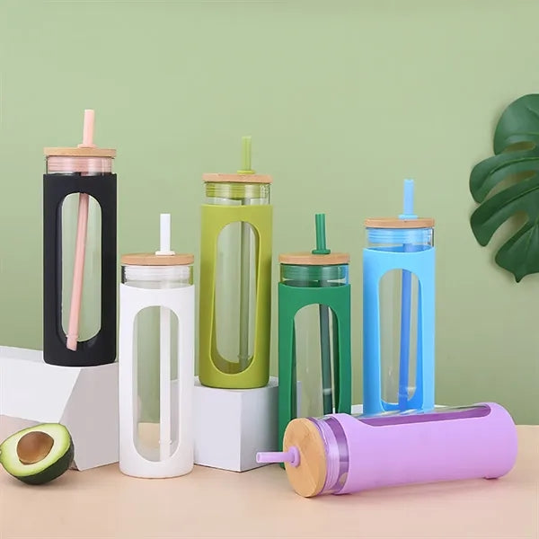 Glass Water Bottle Straw Protective Sleeve Bamboo Lid