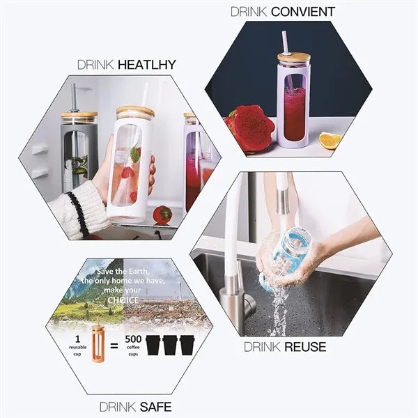 Glass Water Bottle Straw Protective Sleeve Bamboo Lid