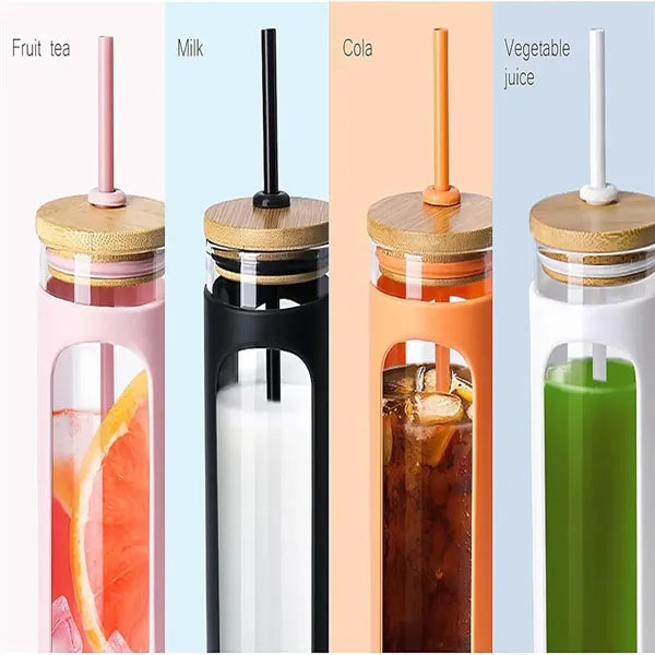 Glass Water Bottle Straw Protective Sleeve Bamboo Lid
