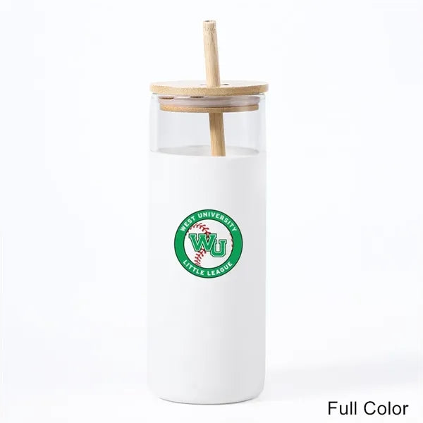 17/20 oz Glass Drinking Cup with Wooden Lid and Straw