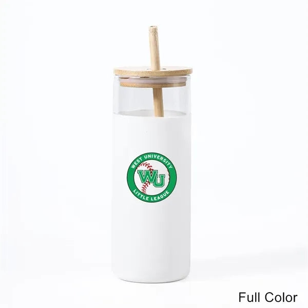 17/20 oz Glass Drinking Cup with Wooden Lid and Straw