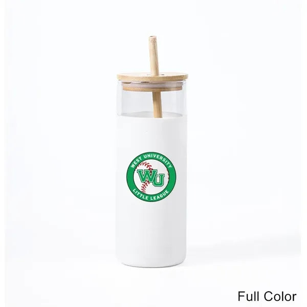 17/20 oz Glass Drinking Cup with Wooden Lid and Straw