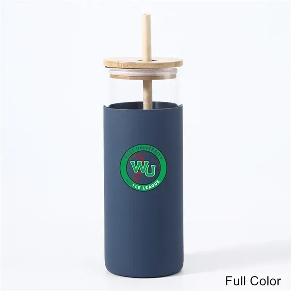 17/20 oz Glass Drinking Cup with Wooden Lid and Straw