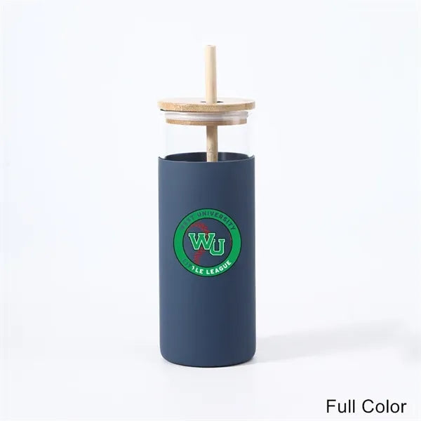 17/20 oz Glass Drinking Cup with Wooden Lid and Straw