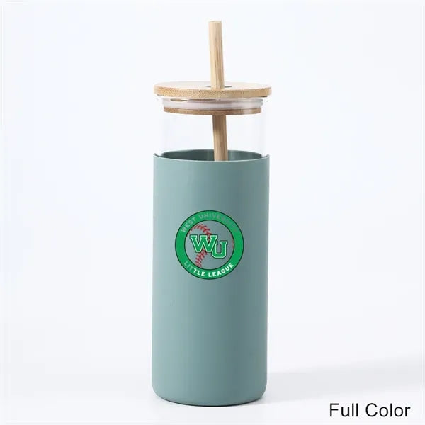 17/20 oz Glass Drinking Cup with Wooden Lid and Straw