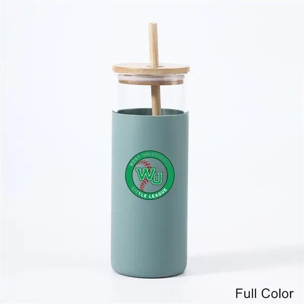 17/20 oz Glass Drinking Cup with Wooden Lid and Straw