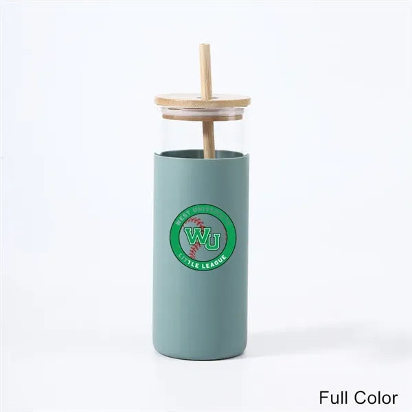 17/20 oz Glass Drinking Cup with Wooden Lid and Straw
