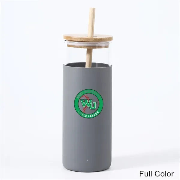 17/20 oz Glass Drinking Cup with Wooden Lid and Straw