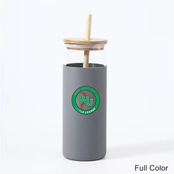 17/20 oz Glass Drinking Cup with Wooden Lid and Straw