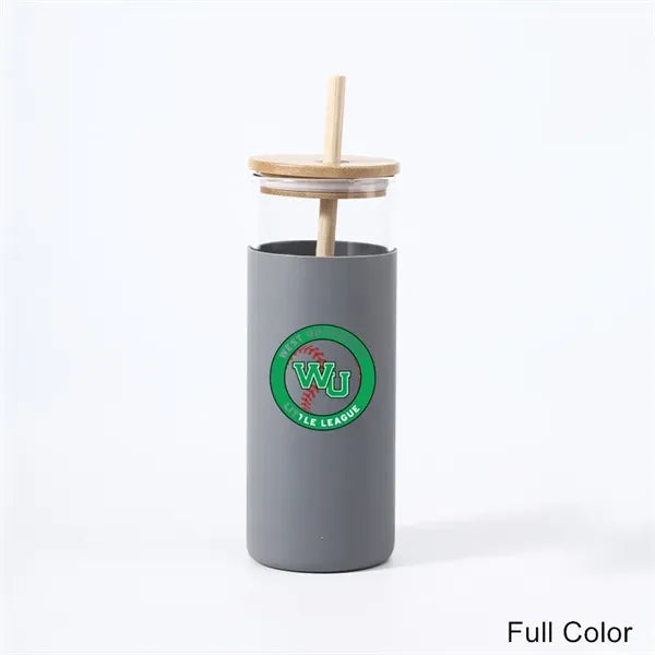17/20 oz Glass Drinking Cup with Wooden Lid and Straw