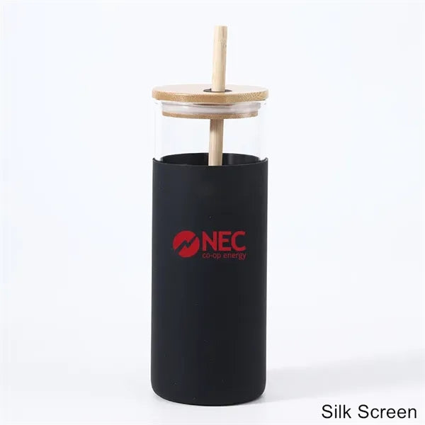 17/20 oz Glass Drinking Cup with Wooden Lid and Straw