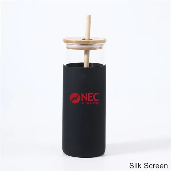 17/20 oz Glass Drinking Cup with Wooden Lid and Straw