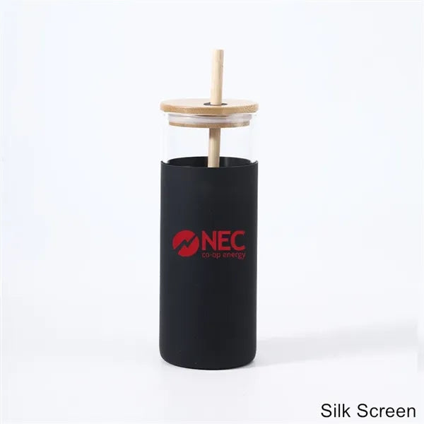 17/20 oz Glass Drinking Cup with Wooden Lid and Straw