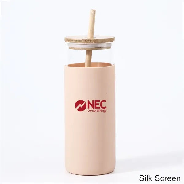 17/20 oz Glass Drinking Cup with Wooden Lid and Straw