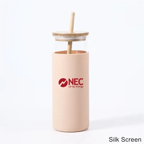 17/20 oz Glass Drinking Cup with Wooden Lid and Straw