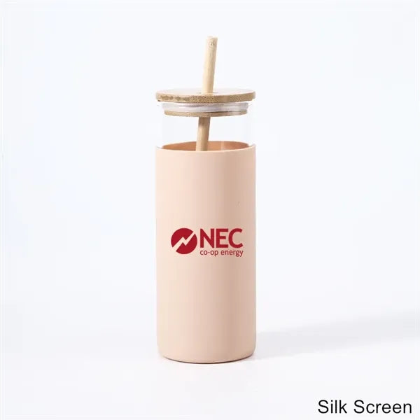 17/20 oz Glass Drinking Cup with Wooden Lid and Straw