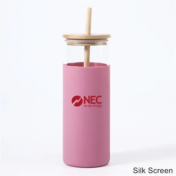 17/20 oz Glass Drinking Cup with Wooden Lid and Straw