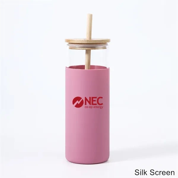 17/20 oz Glass Drinking Cup with Wooden Lid and Straw