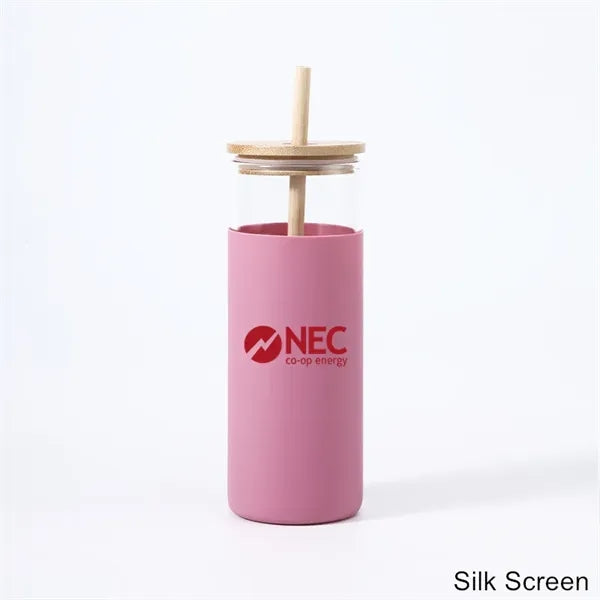 17/20 oz Glass Drinking Cup with Wooden Lid and Straw