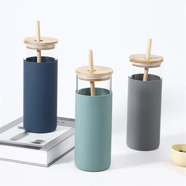 17/20 oz Glass Drinking Cup with Wooden Lid and Straw