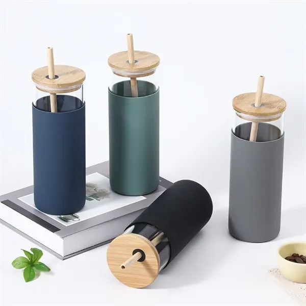 17/20 oz Glass Drinking Cup with Wooden Lid and Straw