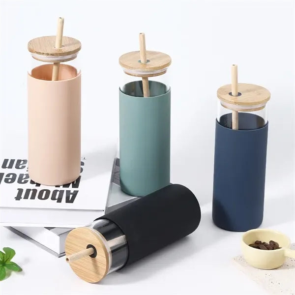 17/20 oz Glass Drinking Cup with Wooden Lid and Straw