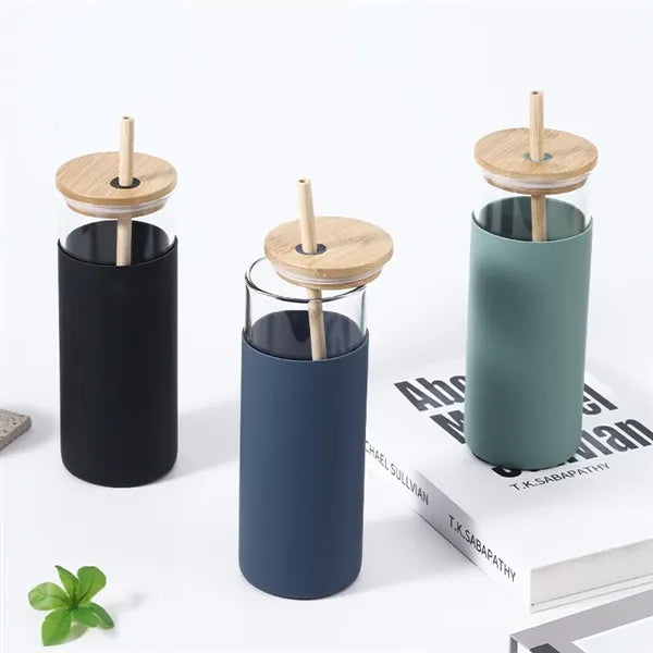 17/20 oz Glass Drinking Cup with Wooden Lid and Straw