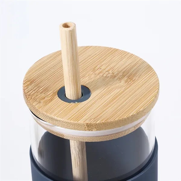 17/20 oz Glass Drinking Cup with Wooden Lid and Straw