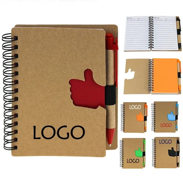 Spiral Pocket Kraft Hard Cover Notebook With Ballpoint Pen