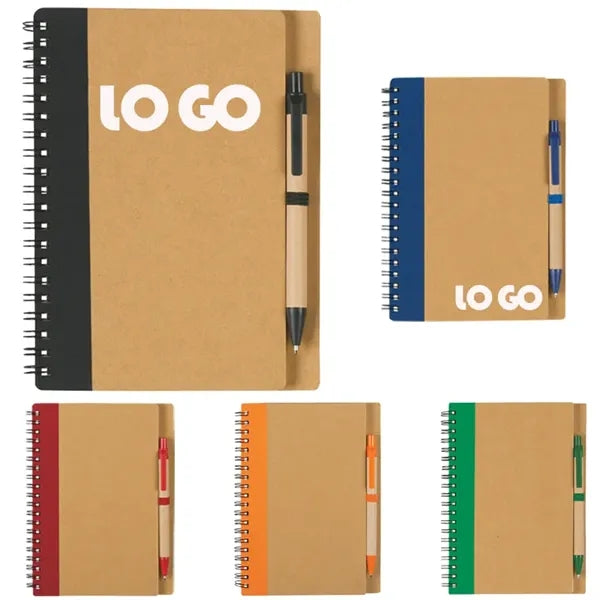 Spiral Kraft Hard Cover Notebook Journal W/Ballpoint Pen