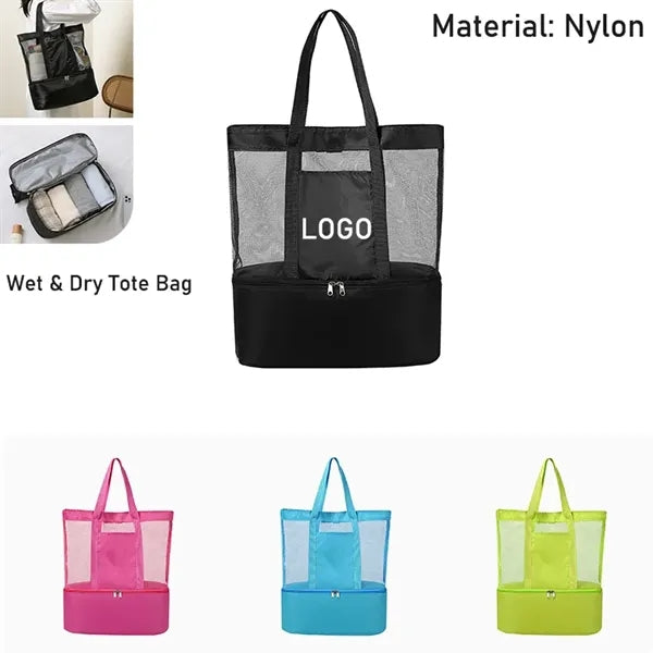 Waterproof Nylon Mesh Beach Tote Bag With Wet/Dry & Cooler
