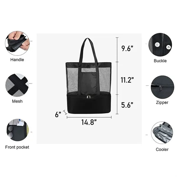 Waterproof Nylon Mesh Beach Tote Bag With Wet/Dry & Cooler