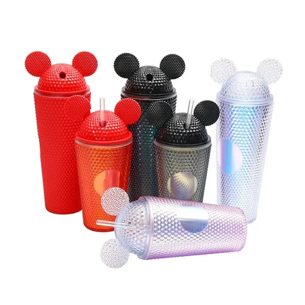 16oz Cat Ear Diamond Design Double-Walled Straw Cup