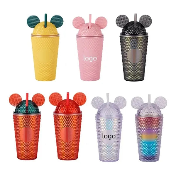 16oz Cat Ear Diamond Design Double-Walled Straw Cup