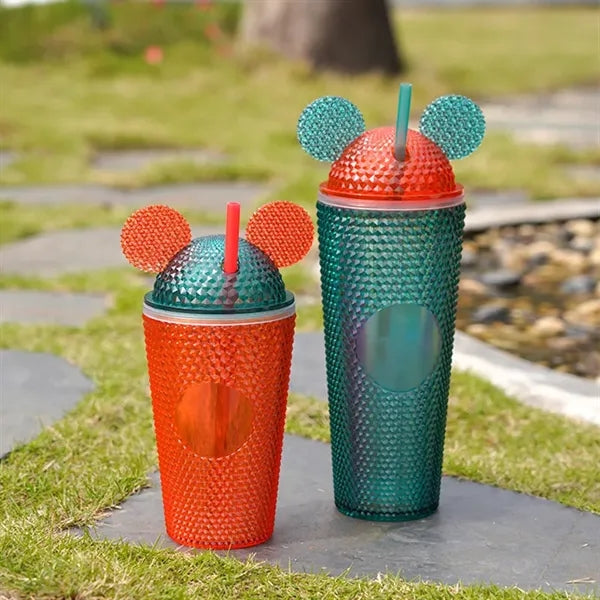 16oz Cat Ear Diamond Design Double-Walled Straw Cup