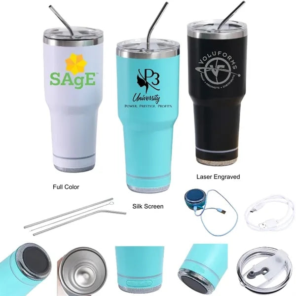 30 oz Stainless Steel Bluetooth Speaker Cup with Straw