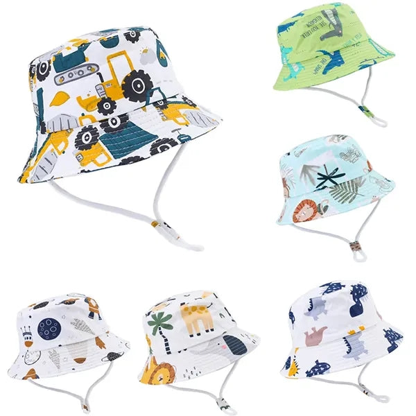 Cute Cartoon Printed Cotton Children Bucket Hat with Strap