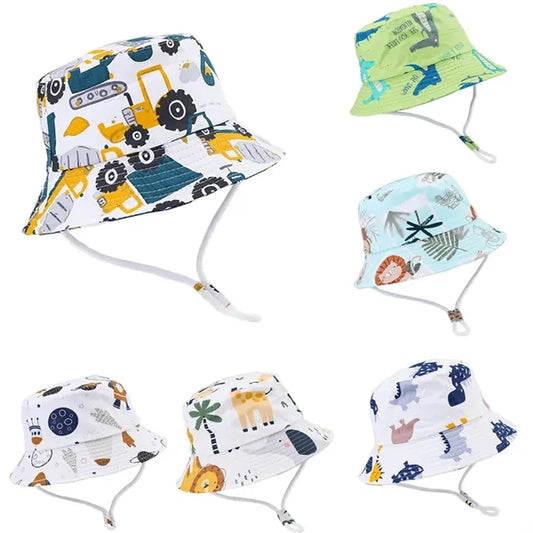 Cute Cartoon Printed Cotton Children Bucket Hat with Strap